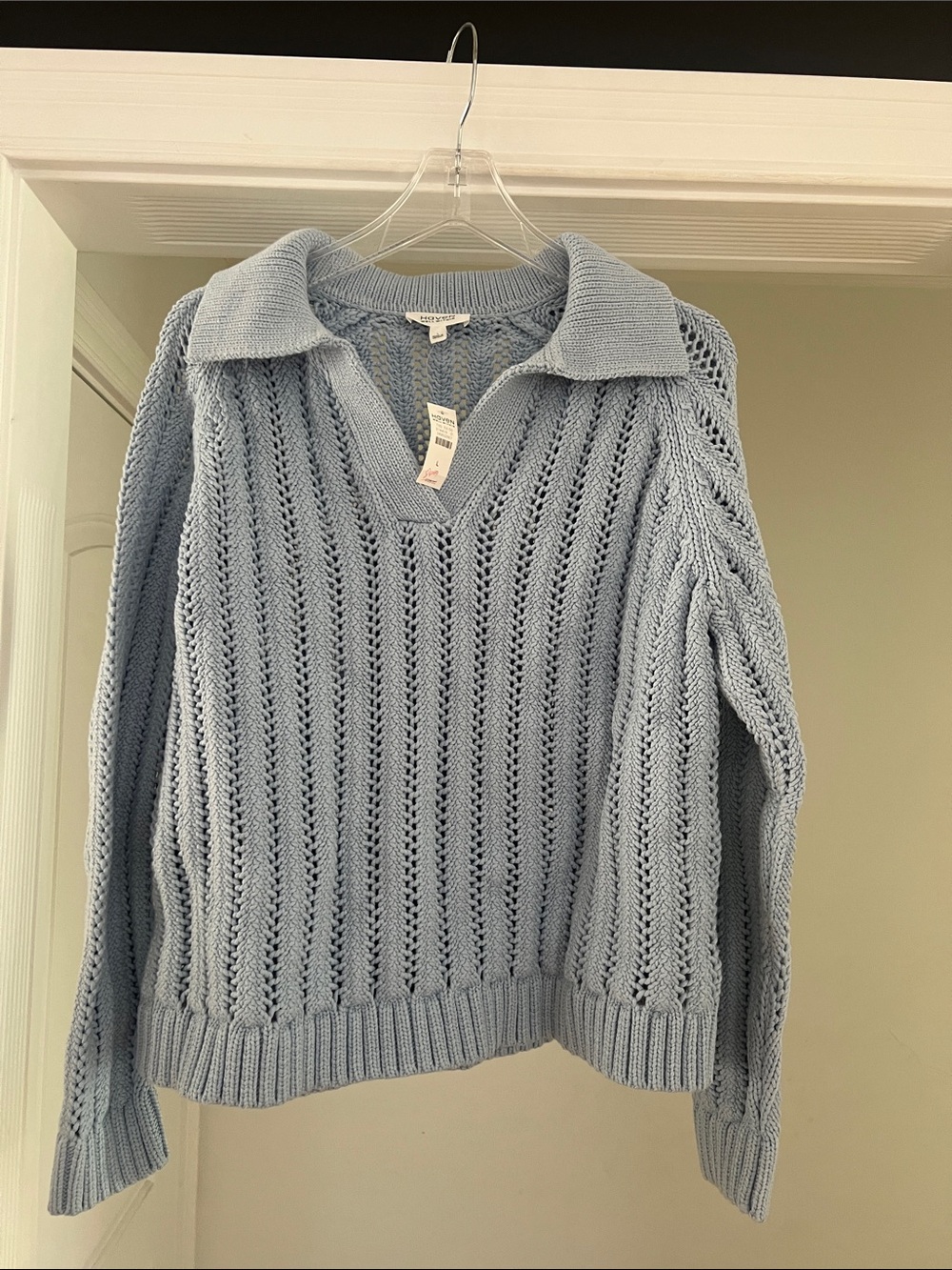 Collared Light Blue V-Neck Open-Knit Women's Sweater